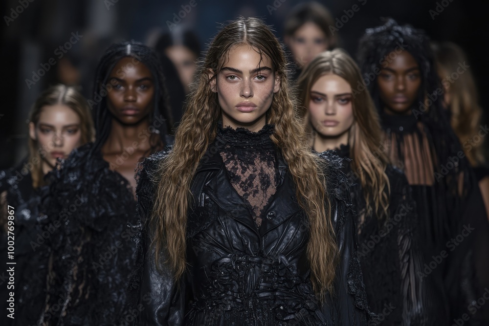 A runway model presents an elegantly textured gothic ensemble, capturing attention with its uniquely mysterious aura during a high-end fashion event. A runway model presents an elegantly textured gothic ensemble, capturing attention with its uniquely mysterious aura during a high-end fashion event.
