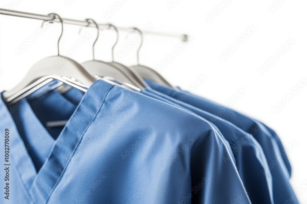 The light blue uniforms on the rack are against a white background. The light blue uniforms on the rack are against a white background.