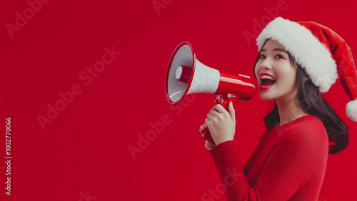 Asian women. A person shouting through a megaphone. Discounts, Promotions, Black Friday, Announcements, Promotions, Bonuses.