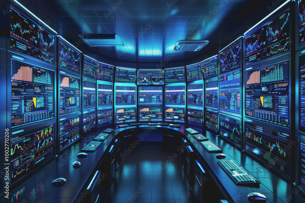 Obraz premium A room full of computer screens displaying complex financial analysis and real-time stock charts.