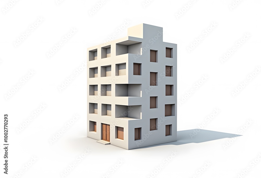 Office building with entrance and reflection on white background
Office building with entrance and reflection on white background