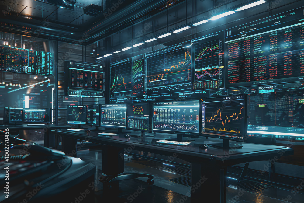 Fototapeta premium A room full of computer screens displaying complex financial analysis and real-time stock charts.