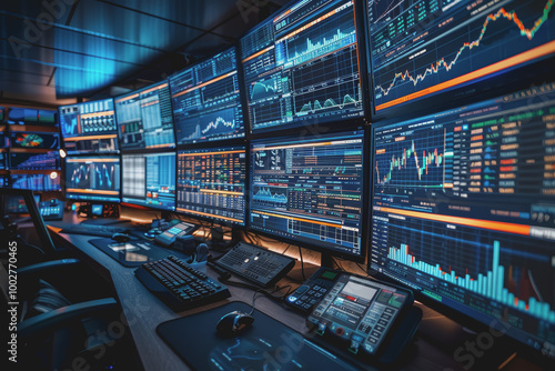 Wallpaper Mural A room full of computer screens displaying complex financial analysis and real-time stock charts. Torontodigital.ca