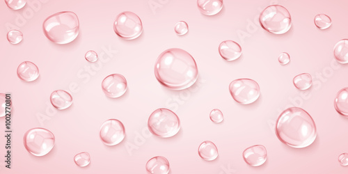 Realistic serum drops on pink background. Liquid drops, serum, gel or collagen texture. Skincare transparent bubbles. Skin care cosmetic hydration spots. Beauty product. Realistic vector