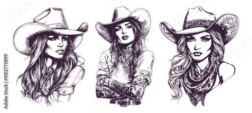 Woman cowboy tattoo sketches. Cowgirl in cowboys hat with long hair, sexy american lady western model face vintage drawing wild west retro ink sketch vector illustration