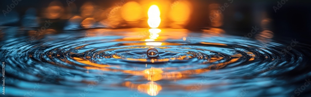 Ripples form in the water as the sun sets, creating colorful reflections on the surface Ripples form in the water as the sun sets, creating colorful reflections on the surface