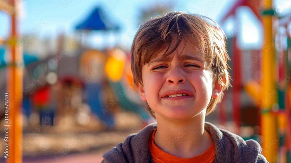 Upset child in colorful playground on a sunny day Upset child in colorful playground on a sunny day