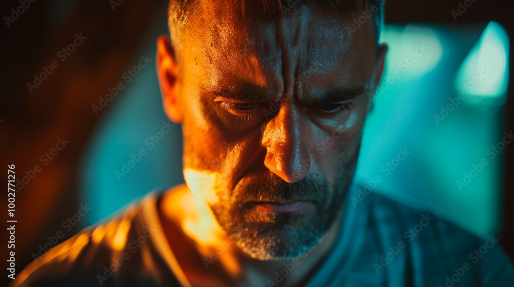 Pensive man in dramatic lighting: contemplation and emotion Pensive man in dramatic lighting: contemplation and emotion