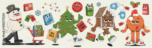 Christmas sale sticker set in trendy groovy style. Retro cartoon characters - Christmas tree, snowman, tangerine, gingerbread house. Sale labels.