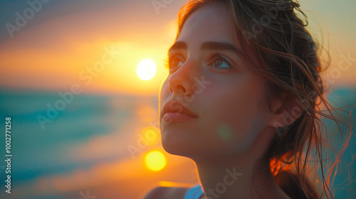 Serene sunset gaze on beach: youthful contemplation in golden light