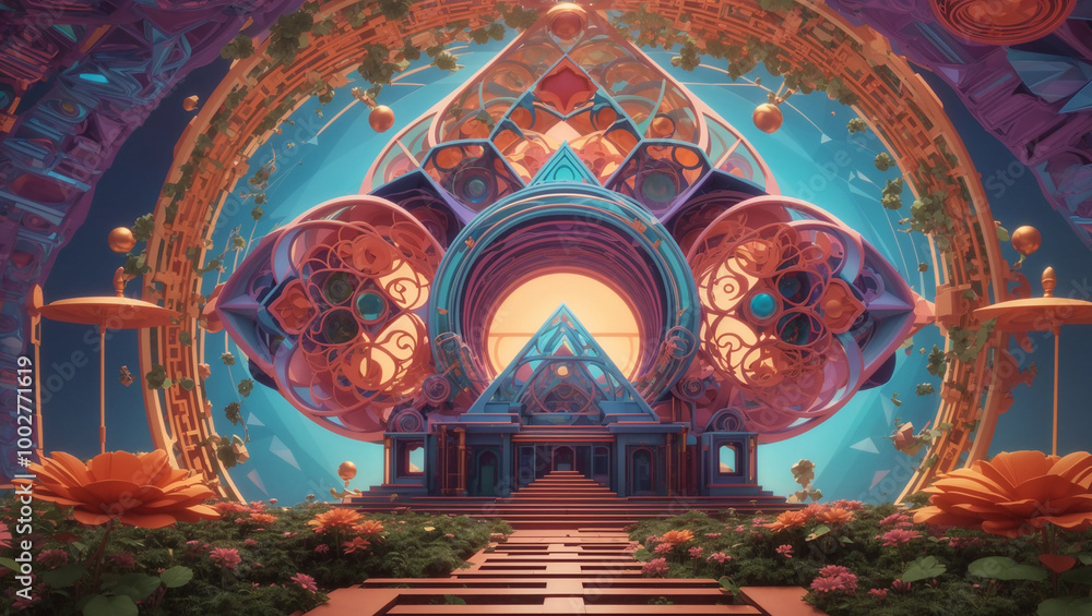 Obraz premium A vibrant, ornate, symmetrical space with gold, blue, and orange details. Shapes like triangles and circles are prominent. Gardens are visible.
