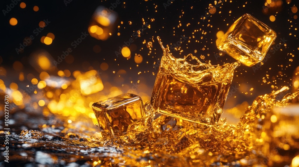 Whiskey splashes dynamically with ice cubes frozen mid-air, the golden liquid illuminated against a dark backdrop, Whiskey splashes dynamically with ice cubes frozen mid-air, the golden liquid illuminated against a dark backdrop,