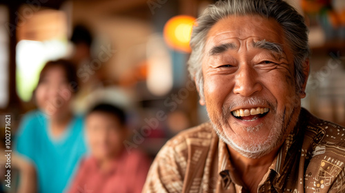 Joyful elderly man smiling in a warm community setting