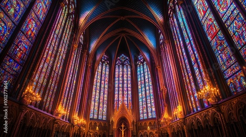 Vibrant stained glass in a Gothic cathedral showcasing religious figures and detailed biblical scenes,