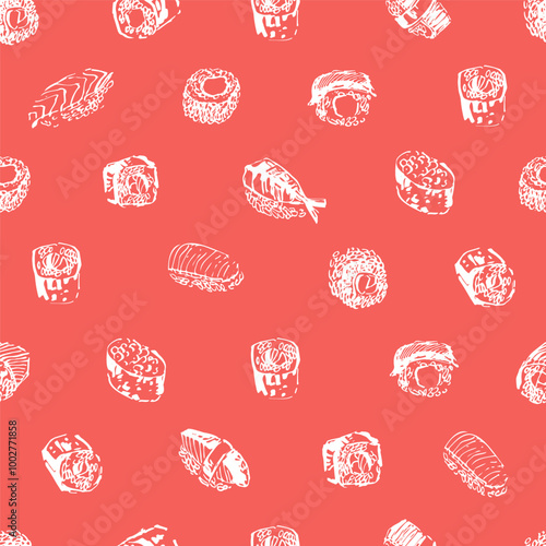 Asian food seamless pattern with different types of sushi, sashimi and rolls with salmon fish, caviar, nori, rice, crab, prawn