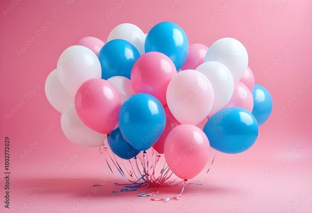 Colorful balloons in pink, blue, and white floating against a pink background Colorful balloons in pink, blue, and white floating against a pink background