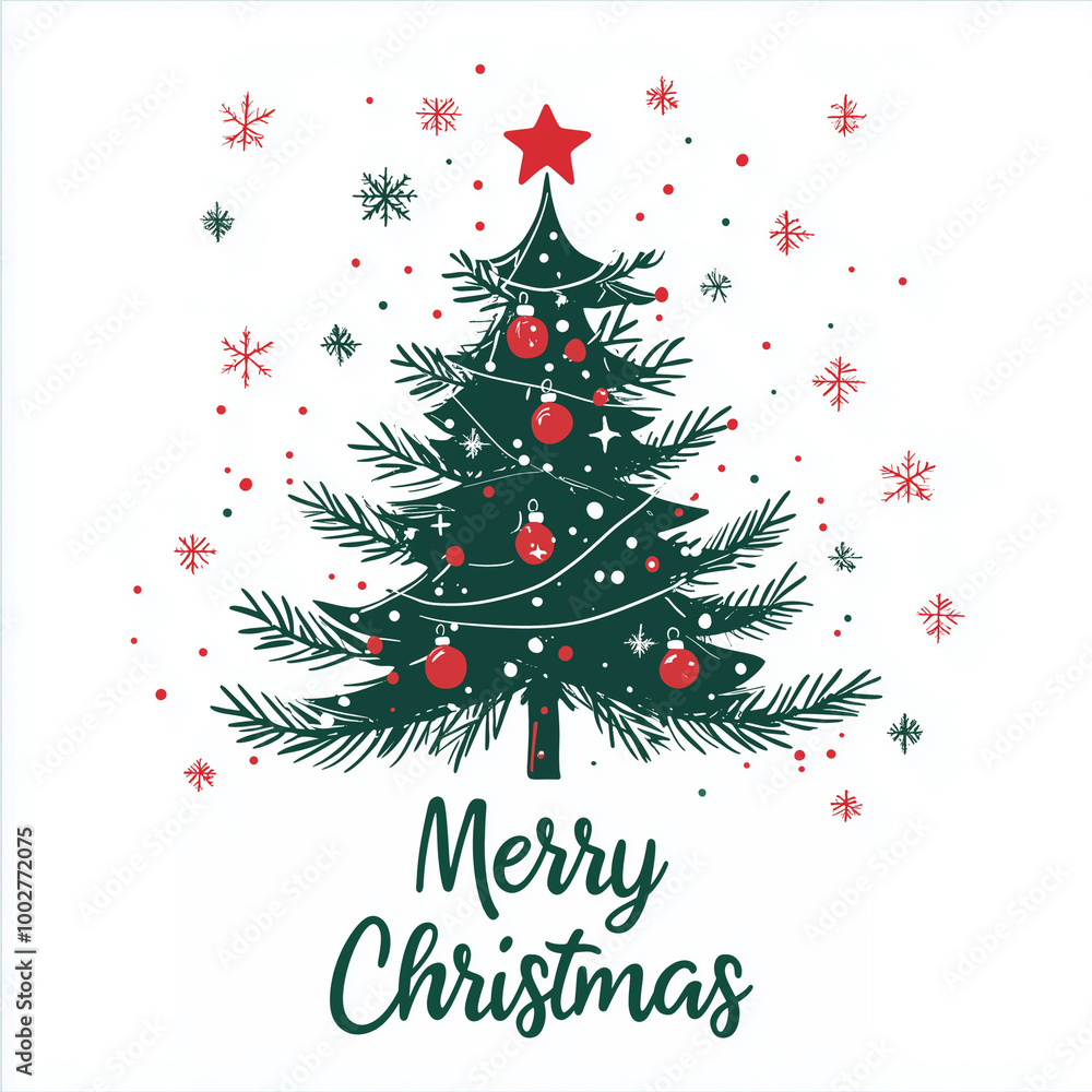 Festive Christmas greeting design with a stylized tree, red script 'Merry Christmas', holly leaves, berries, and snowflakes. Perfect for holiday cards, decorations, and New Year celebrations. Festive Christmas greeting design with a stylized tree, red script 'Merry Christmas', holly leaves, berries, and snowflakes. Perfect for holiday cards, decorations, and New Year celebrations.