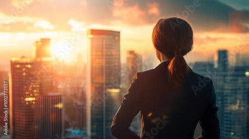 Back view of an executive woman in formal clothing looking at the city skyline with skyscrapers during sunset