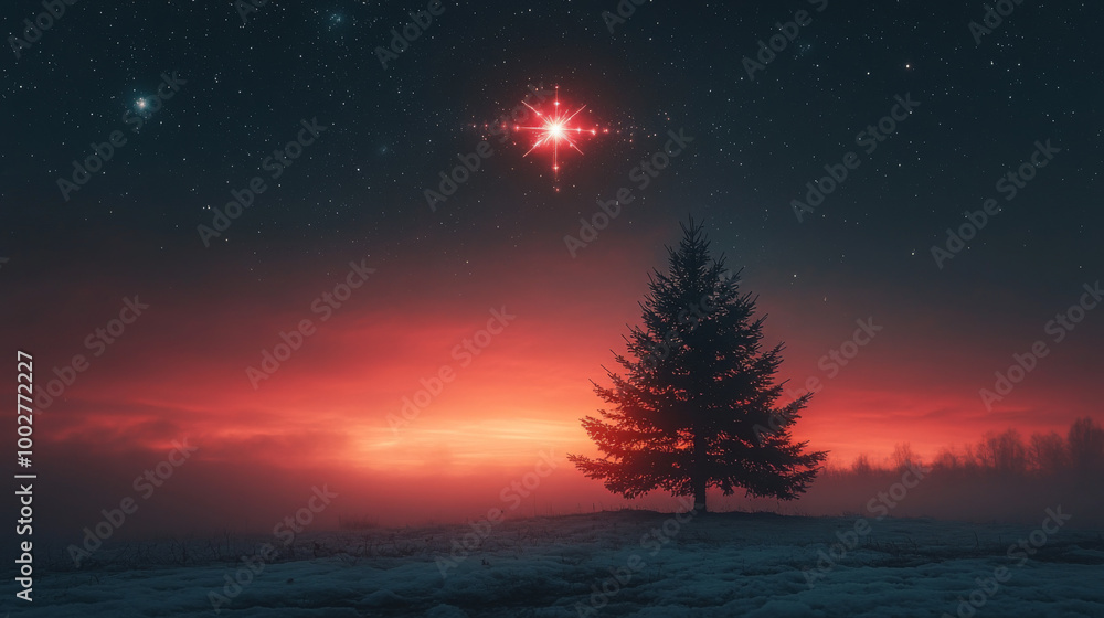 Fototapeta premium A lone tree stands in a snowy field under a starry sky, with a bright star shining above.