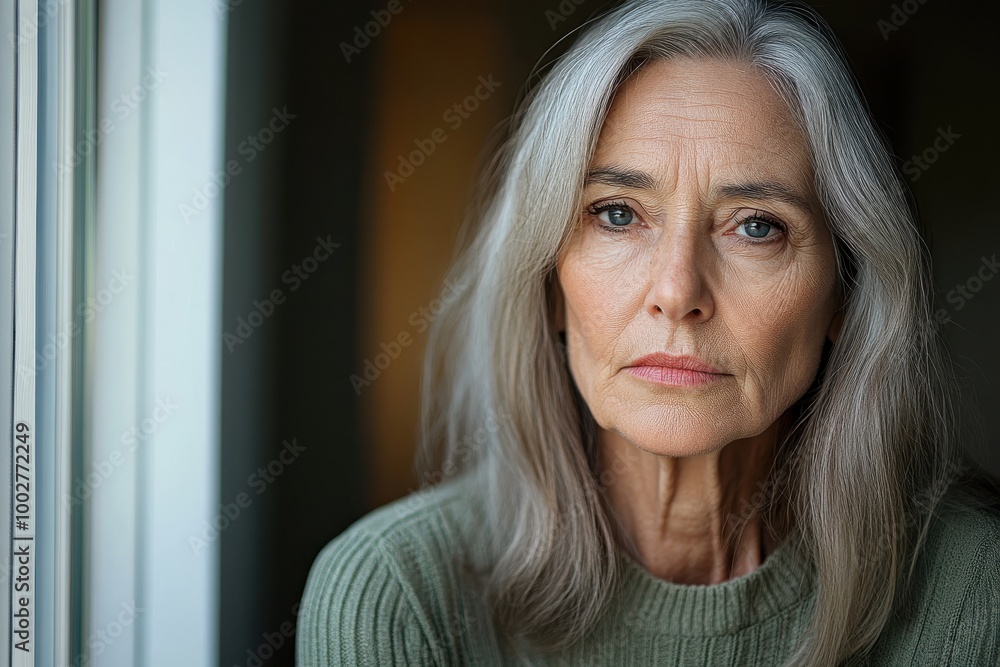 An elderly woman with gray hair gazing pensively out the window, bathed in soft sunlight. Her expression is thoughtful, reflecting wisdom and grace. An elderly woman with gray hair gazing pensively out the window, bathed in soft sunlight. Her expression is thoughtful, reflecting wisdom and grace.