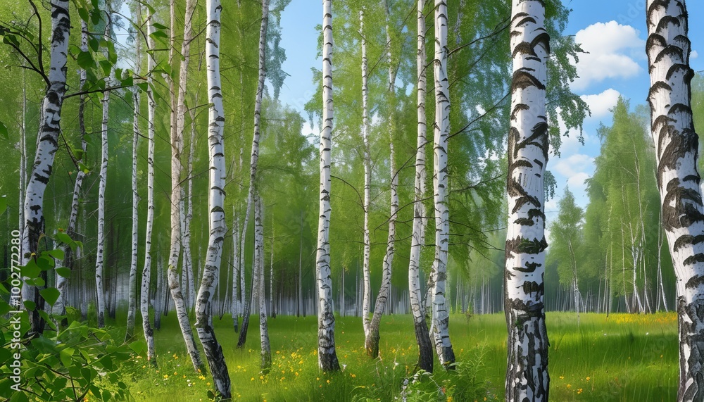 Obraz premium a clearing in the forest in a birch grove on a bright sunny day