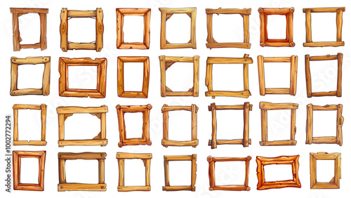 Wooden photo frames. Empty picture border interior wood rustic square frame photography decoration set vector illustration