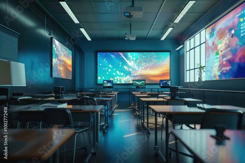 A modern classroom equipped with advanced technology, featuring digital screens and futuristic design elements, perfect for innovative learning environments.