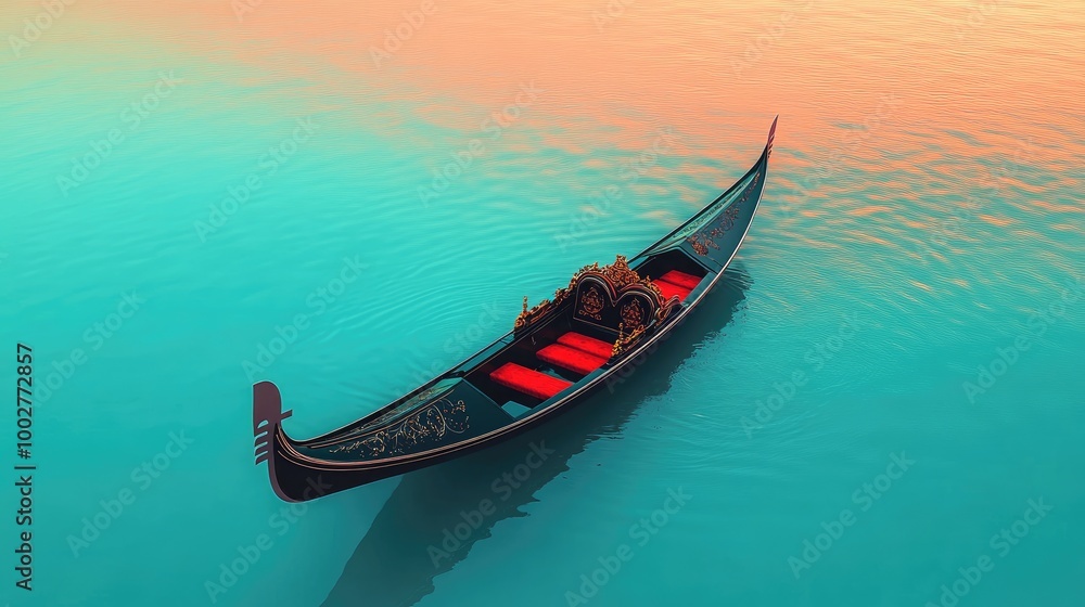 A black gondola with elegant red and gold details glides across turquoise water, with a serene gradient sky in the background, A black gondola with elegant red and gold details glides across turquoise water, with a serene gradient sky in the background,