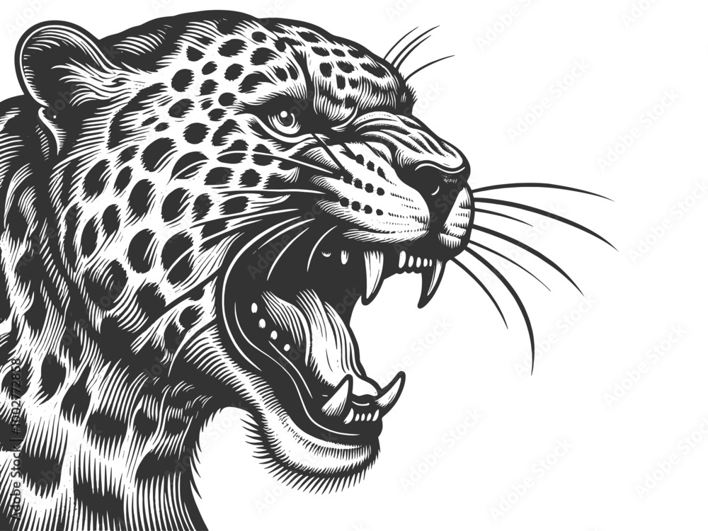 roaring growling leopard tattoo, capturing its fierce expression and sharp fangs in a retro art style sketch engraving generative ai vector illustration. Scratch board imitation. Black and white image roaring growling leopard tattoo, capturing its fierce expression and sharp fangs in a retro art style sketch engraving generative ai vector illustration. Scratch board imitation. Black and white image