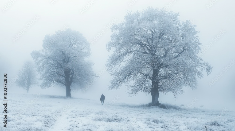 In a serene winter landscape, a lone walker navigates through a thick fog, surrounded by majestic frost-laden trees under a gray sky In a serene winter landscape, a lone walker navigates through a thick fog, surrounded by majestic frost-laden trees under a gray sky