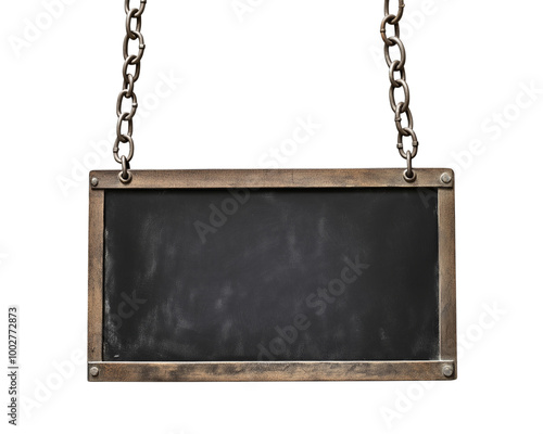 A hanging blackboard or signboard with chains isolated on transparent PNG or white background.