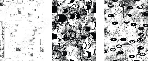 Set of glitch distorted grunge overlay textures. Collection of overlaying textures with halftone dots, scratches and lines .Screen print vector layers pack. Overlays with grunge textured surface