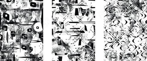 Set of glitch distorted grunge overlay textures. Collection of overlaying textures with halftone dots, scratches and lines .Screen print vector layers pack. Overlays with grunge textured surface