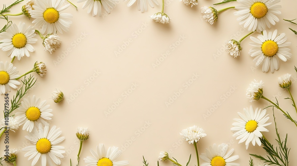 Obraz premium A circular arrangement of chamomile daisies on a light beige background with ample room for text, perfect for a summer-themed banner