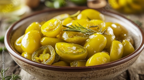 A bowl of bright yellow pickled jalapeno peppers sits on a wooden table.