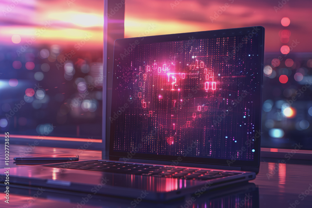 Laptop screen with binary code in heart shape going out of the screen, technological center. Laptop screen with binary code in heart shape going out of the screen, technological center.