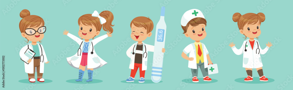 Adorable Kids Playing Doctor in Hospital Costume Vector Set Adorable Kids Playing Doctor in Hospital Costume Vector Set