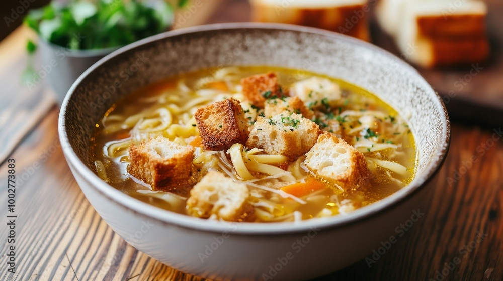 A bowl of chicken noodle soup, topped with crunchy croutons, sits on a wooden table. A bowl of chicken noodle soup, topped with crunchy croutons, sits on a wooden table.