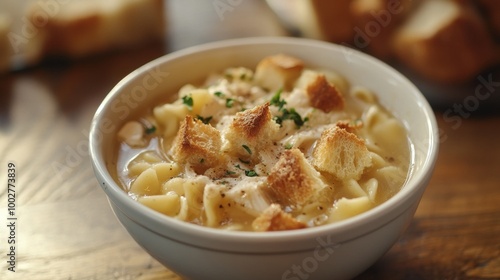 A bowl of chicken noodle soup, topped with crunchy croutons, sits on a wooden table.