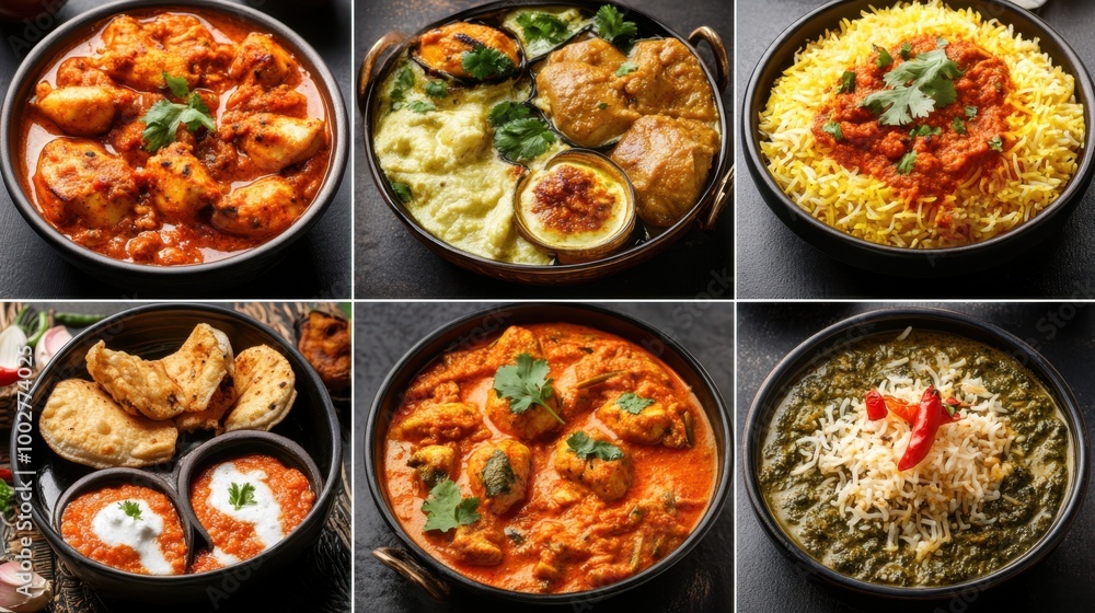 Indian cuisine collage featuring a variety of dishes like chicken tikka, biryani, dal, and palak sabji, with rich spices and sauces. Indian cuisine collage featuring a variety of dishes like chicken tikka, biryani, dal, and palak sabji, with rich spices and sauces.