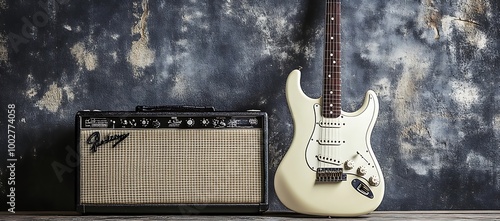 Obraz na płótnie Electric Guitar and Amplifier Against a Distressed Wall w salonie