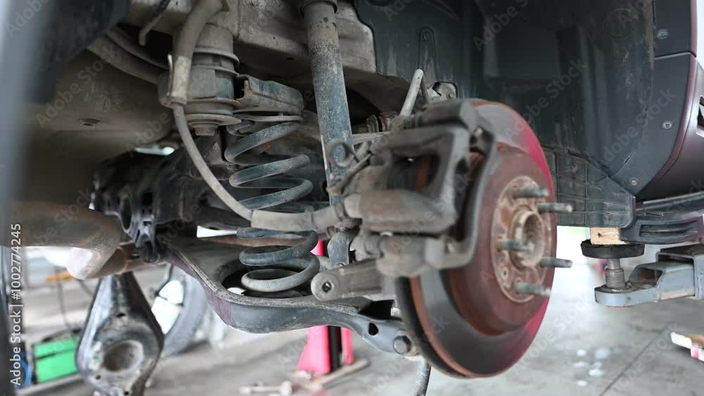 Close up shot of a car's suspension system undergoing repair in an automotive garage. Mechanics work to replace worn components ensuring a safe and smooth ride for the vehicle. Close up shot of a car's suspension system undergoing repair in an automotive garage. Mechanics work to replace worn components ensuring a safe and smooth ride for the vehicle.