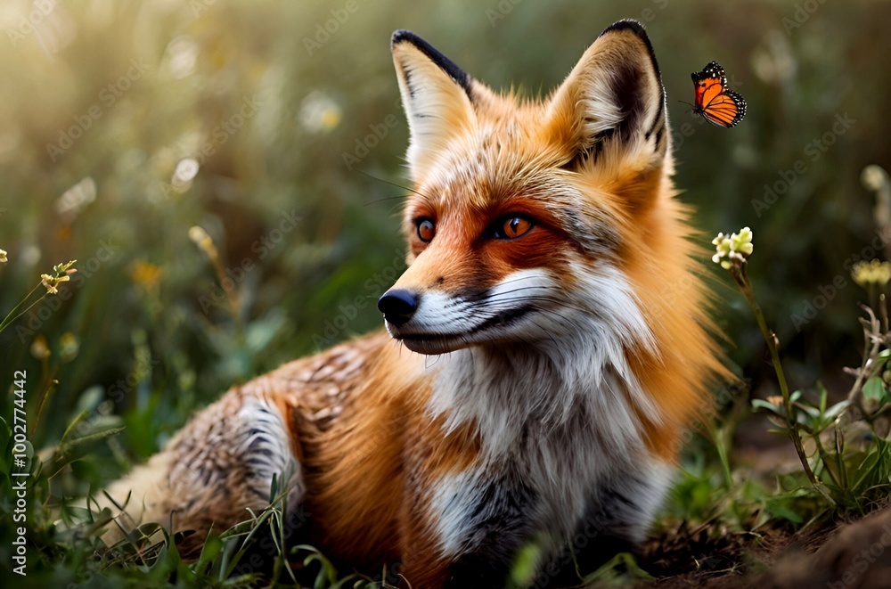 Fototapeta premium Lovely sight of a beautiful fox with a butterfly in a beautiful forest