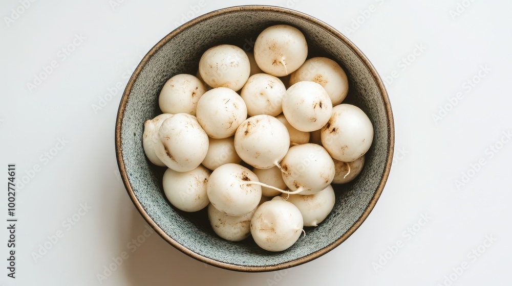 A bowl of white pickled turnips, set against a white background. A bowl of white pickled turnips, set against a white background.