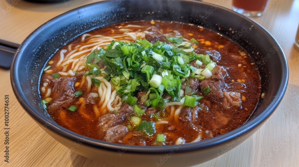 A bowl of Taiwanese beef noodle soup with green onions and chili sauce. A bowl of Taiwanese beef noodle soup with green onions and chili sauce.