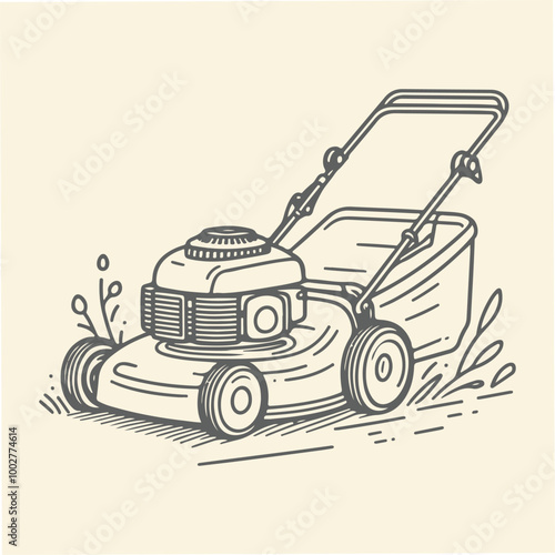 Hand Drawn Lineart Lawn Mower machine