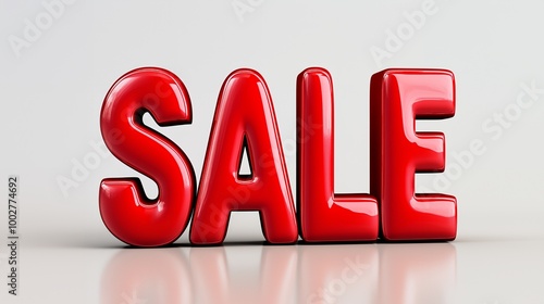 Glossy red SALE sign on white background.