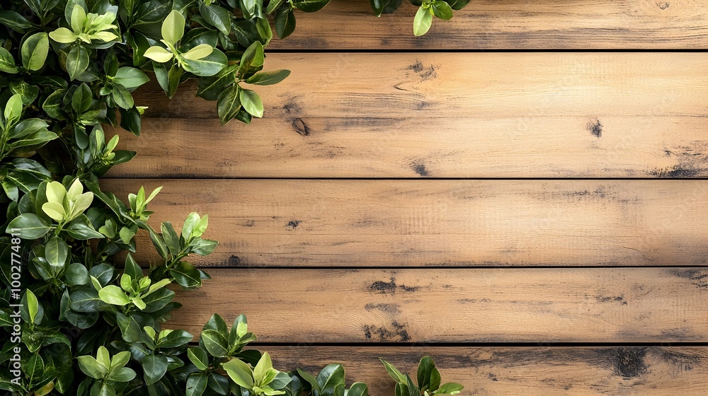 Lush Greenery on Rustic Wooden Planks Nature Background Lush Greenery on Rustic Wooden Planks Nature Background