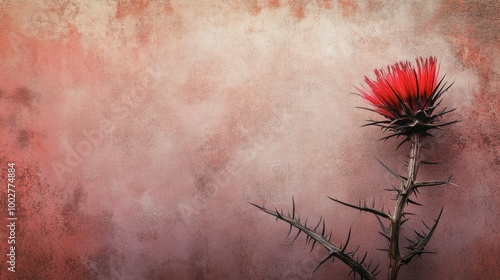 A brown background with a red thistle flower with thorns. A red flower stands out against a purple background. The photos are close-up shots of nature.