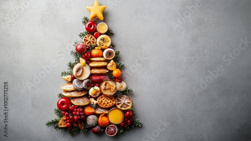 A Christmas tree made from breakfast foods, like pancakes and waffles, sits on a gray background.  You can see the whole tree from above, and there's plenty of space around it.